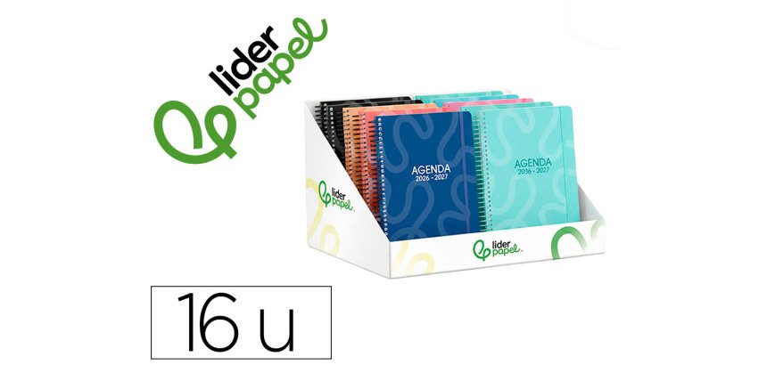 Agenda escolar liderpapel 26-27 espiral classic diseños surtidos bilingüe 70g papel fsc expositor 16 unidades