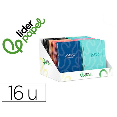 Agenda escolar liderpapel 26-27 espiral classic diseños surtidos bilingüe 70g papel fsc expositor 16 unidades