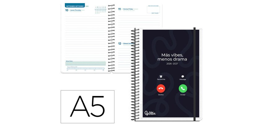 Agenda escolar liderpapel 26-27 espiral personalizable dia pagina a5 bilingue 70g papel fsc