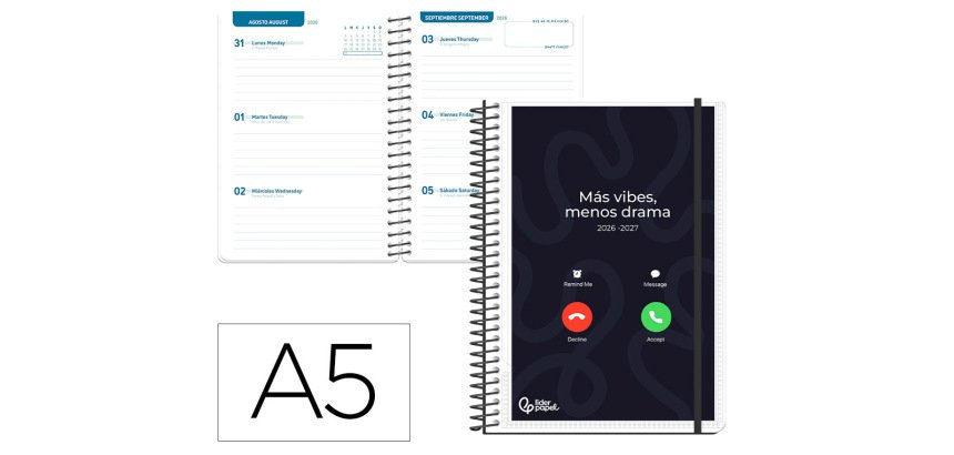 Agenda escolar liderpapel 26-27 espiral personalizable semana vista a5 bilingue 70g papel fsc