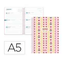Agenda escolar liderpapel 26-27 espiral cottage semana vista a5 bilingue 80g papel fsc rosa corazones
