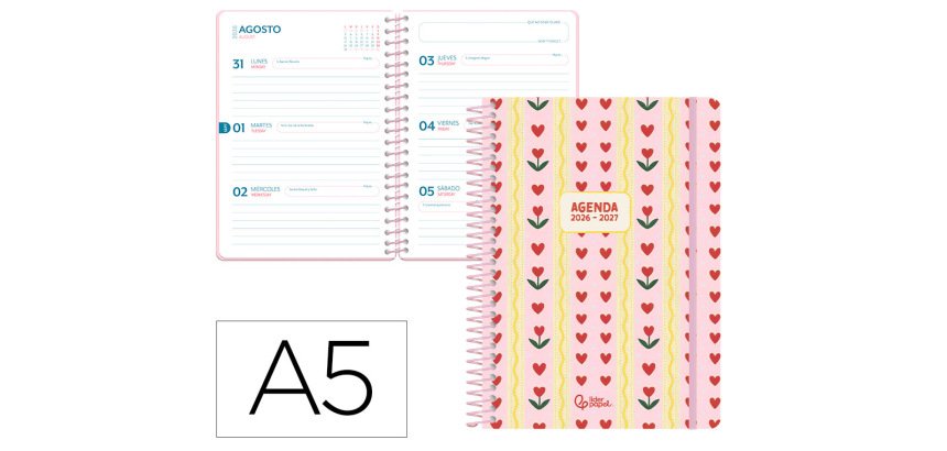Agenda escolar liderpapel 26-27 espiral cottage semana vista a5 bilingue 80g papel fsc rosa corazones