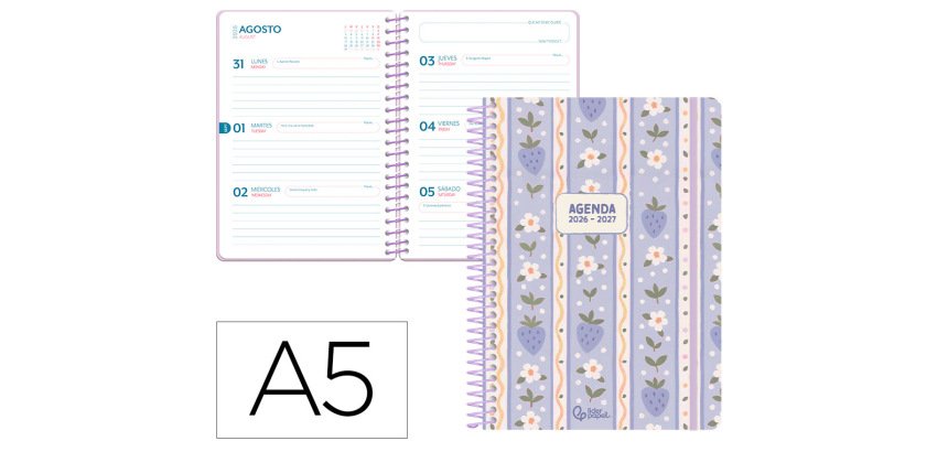 Agenda escolar liderpapel 26-27 espiral cottage semana vista a5 bilingue 80g papel fsc azul fresas