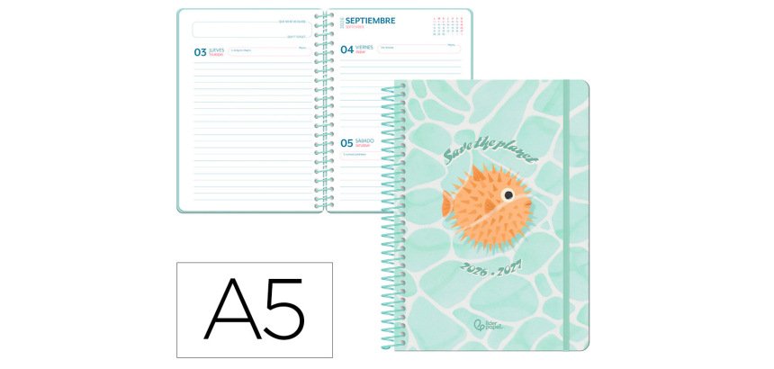 Agenda escolar liderpapel 26-27 espiral save planet dia pagina a5 bilingue 80g papel fsc azul