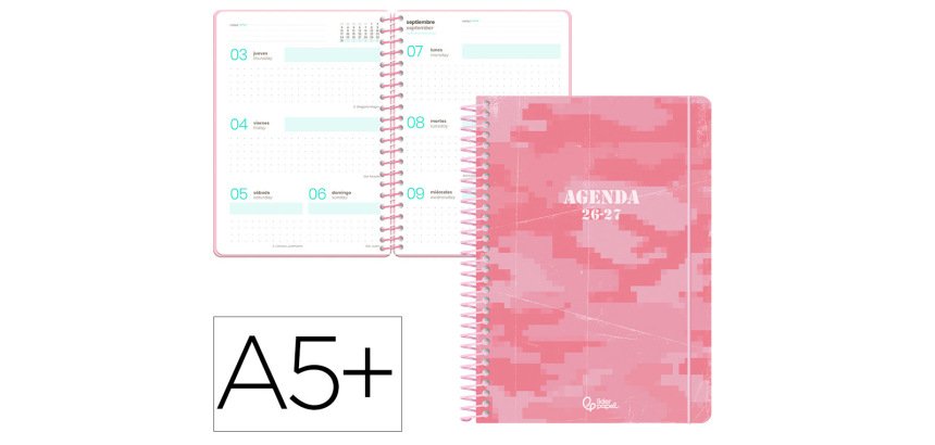 Agenda escolar liderpapel 26-27 espiral military semana vista a5+ bilingue 80g papel fsc rosa