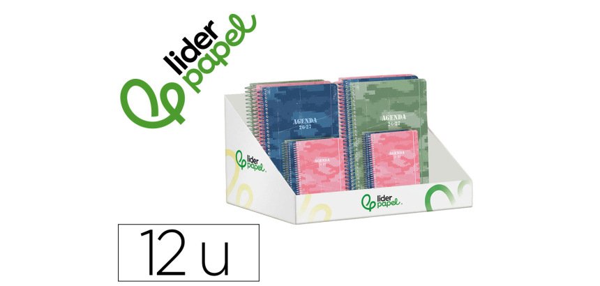 Agenda escolar liderpapel 26-27 espiral military diseñossurtidos bilingüe 80g papel fsc expositor 12 unidades