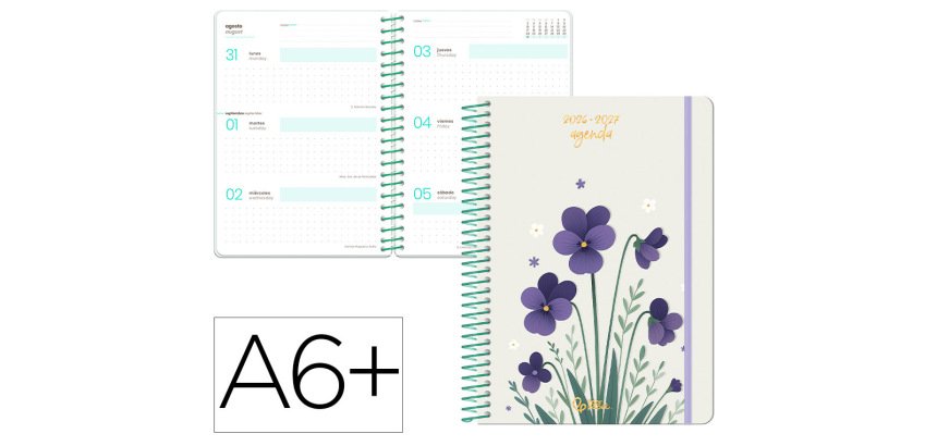 Agenda escolar liderpapel 26-27 espiral flowers semana vista a6+ bilingue 80g papel fsc blanco