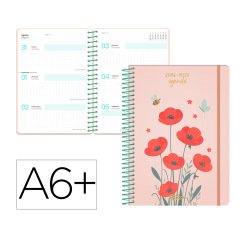 Agenda escolar liderpapel 26-27 espiral flowers semana vista a6+ bilingue 80g papel fsc rojo