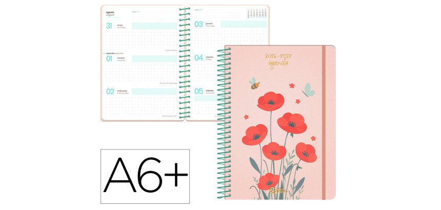 Agenda escolar liderpapel 26-27 espiral flowers semana vista a6+ bilingue 80g papel fsc rojo