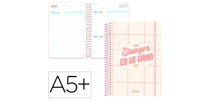Agenda escolar liderpapel 26-27 espiral graphic dia pagina a5+ bilingue 80g papel fsc rosa