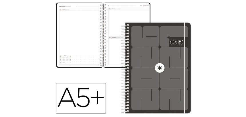 Agenda escolar antartik 26-27 espiral essentials dia pagina a5+ bilingue 80g papel fsc negro