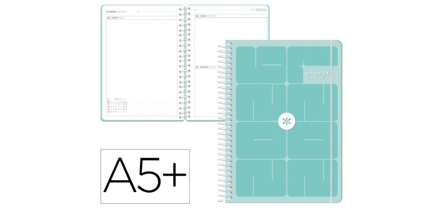 Agenda escolar antartik 26-27 espiral essentials dia pagina a5+ bilingue 80g papel fsc azul turquesa