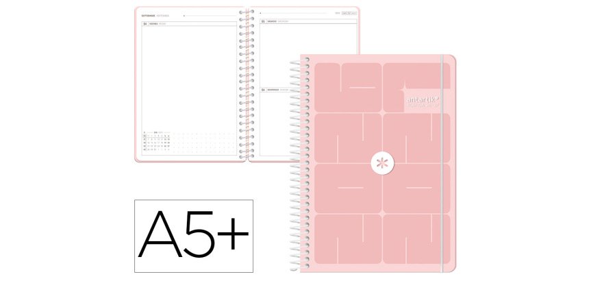 Agenda escolar antartik 26-27 espiral essentials dia pagina a5+ bilingue 80g papel fsc rosa