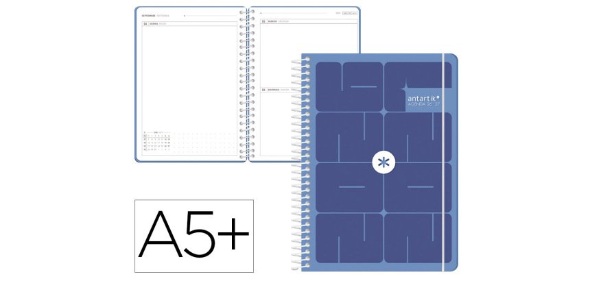 Agenda escolar antartik 26-27 espiral essentials dia pagina a5+ bilingue 80g papel fsc azul oscuro