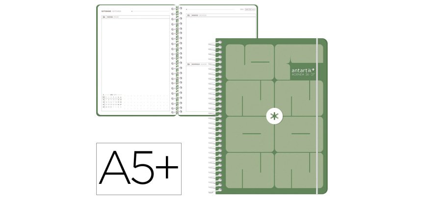 Agenda escolar antartik 26-27 espiral essentials dia pagina a5+ bilingue 80g papel fsc verde