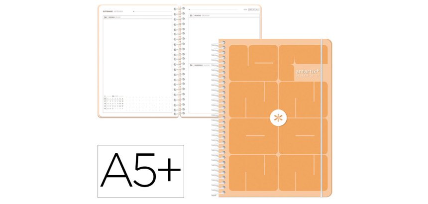 Agenda escolar antartik 26-27 espiral essentials dia pagina a5+ bilingue 80g papel fsc naranja