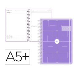Agenda escolar antartik 26-27 espiral essentials dia pagina a5+ bilingue 80g papel fsc morado