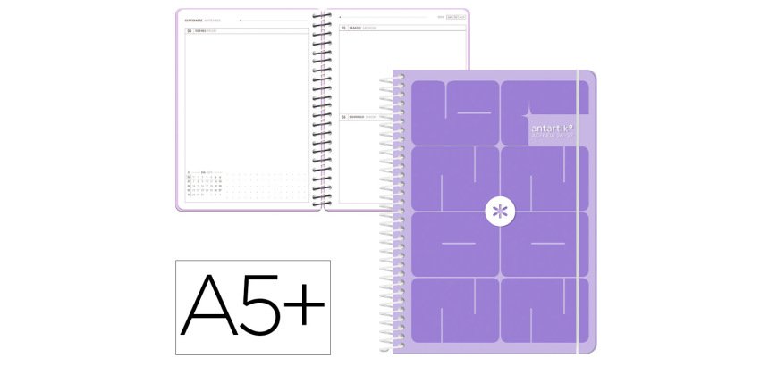 Agenda escolar antartik 26-27 espiral essentials dia pagina a5+ bilingue 80g papel fsc morado