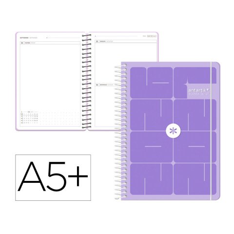 Agenda escolar antartik 26-27 espiral essentials dia pagina a5+ bilingue 80g papel fsc morado