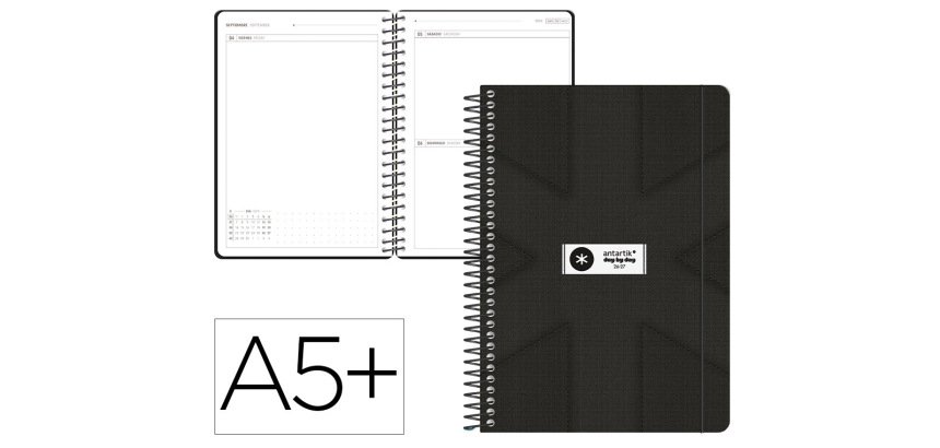 Agenda escolar antartik 26-27 espiral pack and go dia pagina a5+ bilingue 80g papel fsc negro