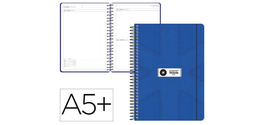 Agenda escolar antartik 26-27 espiral pack and go dia paginaa5+ bilingüe 80g papel fsc azul marino