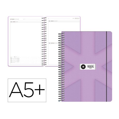 Agenda escolar antartik 26-27 espiral pack and go dia paginaa5+ bilingüe 80g papel fsc morado