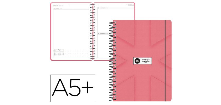 Agenda escolar antartik 26-27 espiral pack and go dia paginaa5+ bilingüe 80g papel fsc rosa coral