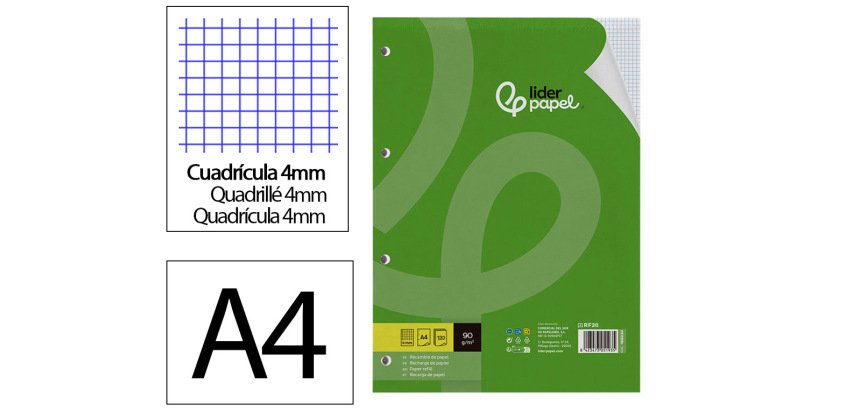Recambio liderpapel a4 120 hojas 90g cuadro 4mm 4 taladros bandas de 5 colores