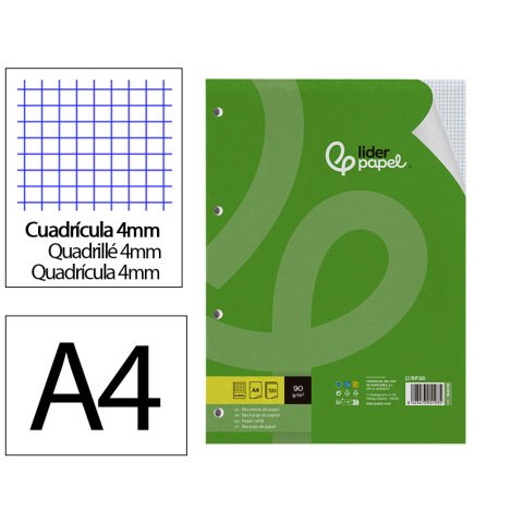 Recambio liderpapel a4 120 hojas 90g cuadro 4mm 4 taladros bandas de 5 colores
