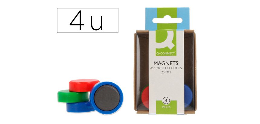 Iman para sujecion q-connect ideal para pizarras magneticas 25 mm colores surtidos caja de 4 unidades
