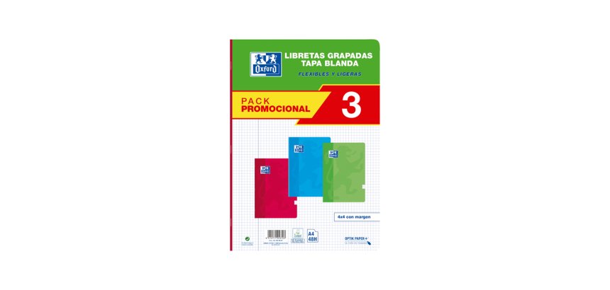 Libreta escolar oxford tapa blanda din a4 48 hojas cuadro 4 mm pack de 3 unidades colores surtidos