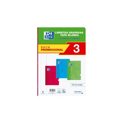 Libreta escolar oxford tapa blanda din a4 48 hojas cuadro 4 mm pack de 3 unidades colores surtidos