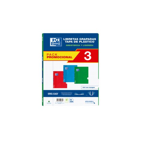 Libreta escolar oxford openflex din a4 48 hojas cuadro 4 mm pack de 3 unidades colores surtidos