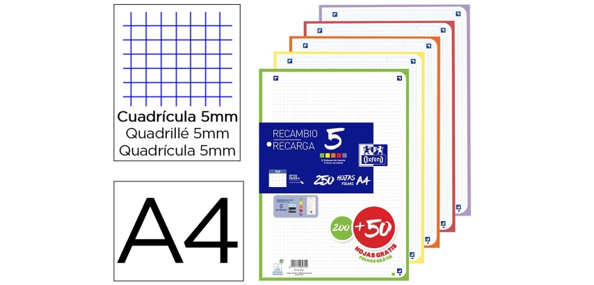 Recambio oxford din a4 200+50 hojas gratis cuadro 5 mm 4 taladros con banda 5 colores vivos