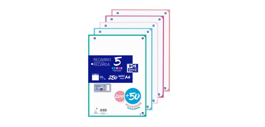 Recambio oxford din a4 200+50 hojas gratis cuadro 5 mm 4 taladros con banda 5 colores pastel