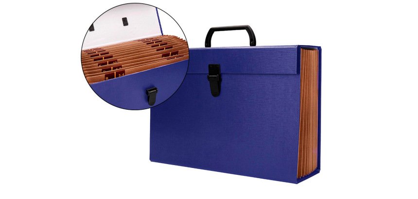 Maletin liderpapel con fuelle y asa carton forrado 19 departamentos 255x390x120 mm color azul