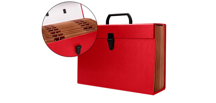 Maletin liderpapel con fuelle y asa carton forrado 19 departamentos 255x390x120 mm color rojo
