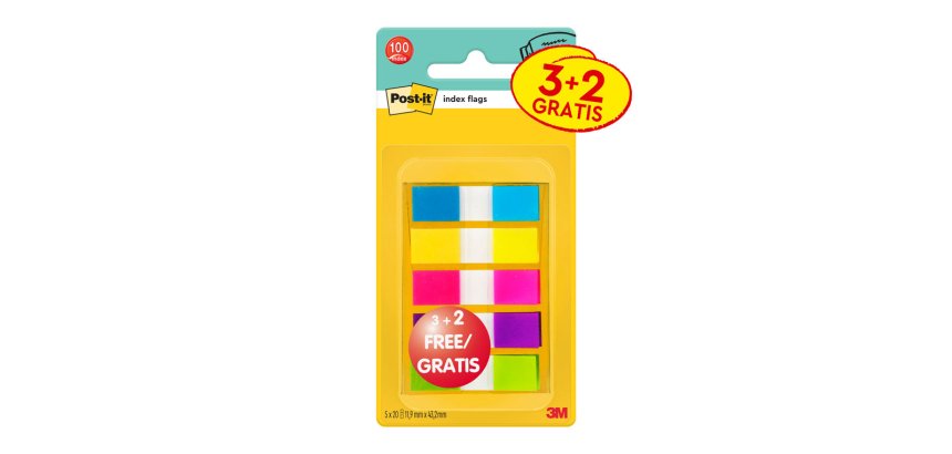 Banderitas separadoras post-it pequeña 11,9x43,2 mm dispensador 60 hojas+40 hojas gratis 5 colores surtidos
