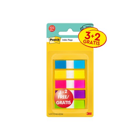 Banderitas separadoras post-it pequeña 11,9x43,2 mm dispensador 60 hojas+40 hojas gratis 5 colores surtidos