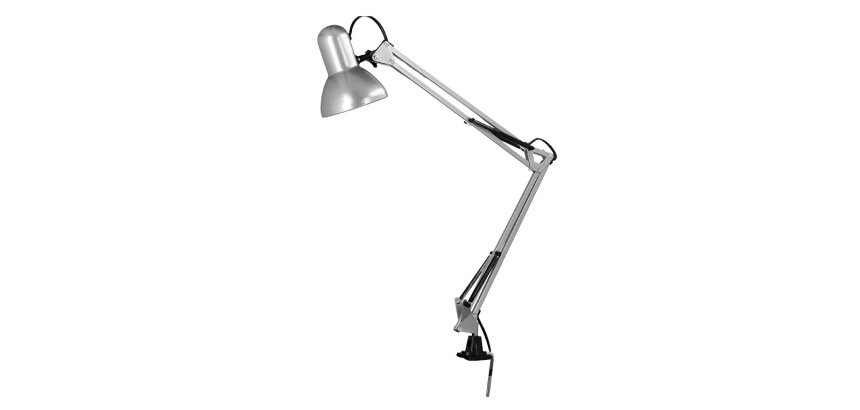 Lampara de escritorio q-connect antares metalica conpinza interruptor brazo doble 3 articulaciones color plata