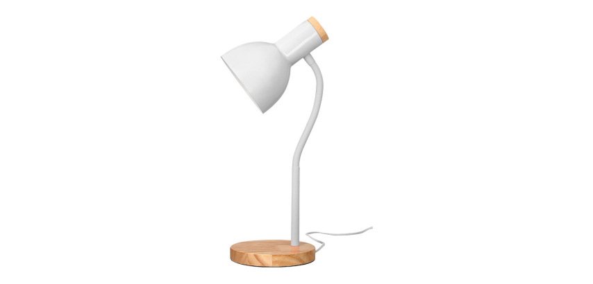 Lampara de escritorio q-connect orion metalica con detalles de madera brazo flexible color blanco