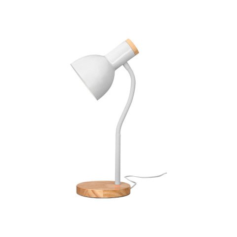 Lampara de escritorio q-connect orion metalica con detalles de madera brazo flexible color blanco