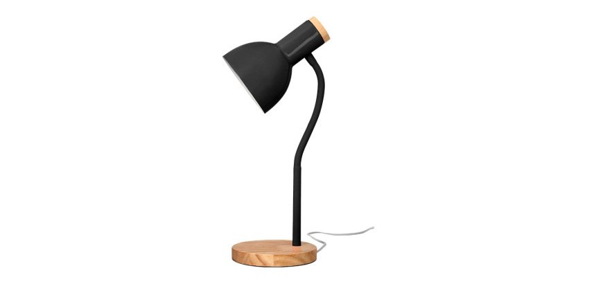 Lampara de escritorio q-connect orion metalica con detalles de madera brazo flexible color negro