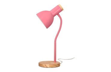 Lampara de escritorio q-connect orion metalica con detalles de madera brazo flexible color rosa