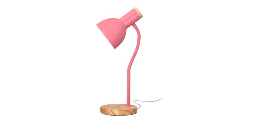 Lampara de escritorio q-connect orion metalica con detalles de madera brazo flexible color rosa
