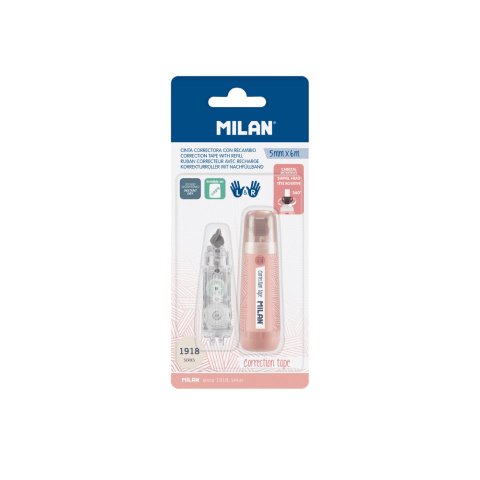 Cinta correctora milan 5 mm x 6 m coleccion 430 since 1918 rosa blister de 1 unidad + 1 recambio