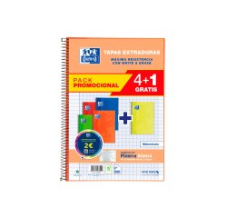 Cuaderno espiral oxford tapa extradura folio 80 hojas 90 gr cuadro 4 mm colores vivos pack de 4+1 unidades