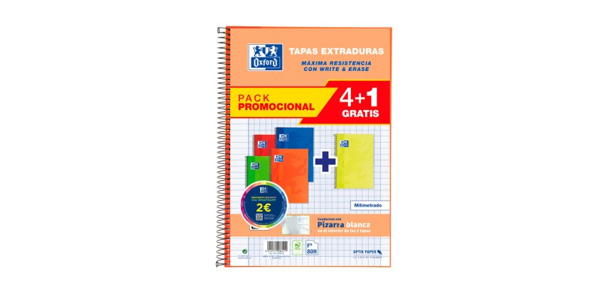 Cuaderno espiral oxford tapa extradura folio 80 hojas 90 gr milimetrado colores vivos pack de 4+1 unidades