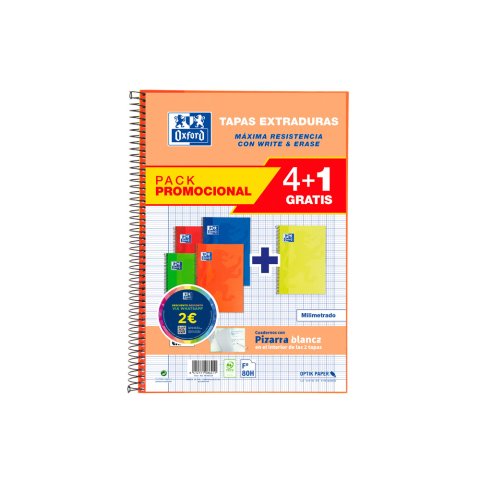 Cuaderno espiral oxford tapa extradura folio 80 hojas 90 gr milimetrado colores vivos pack de 4+1 unidades