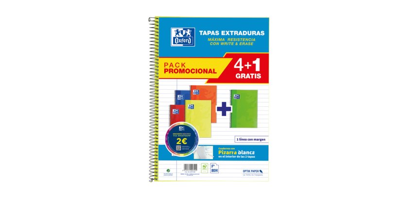 Cuaderno espiral oxford tapa extradura folio 80 hojas 90 gr rayado horizontal colores vivos pack de 4+1 unidades